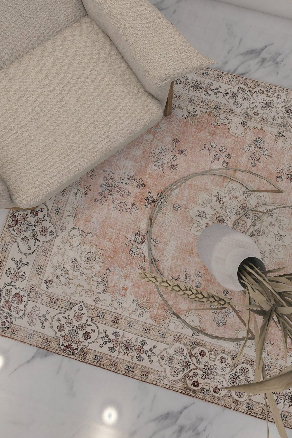 Venice Peach Pink Distressed Transitional Washable Rug