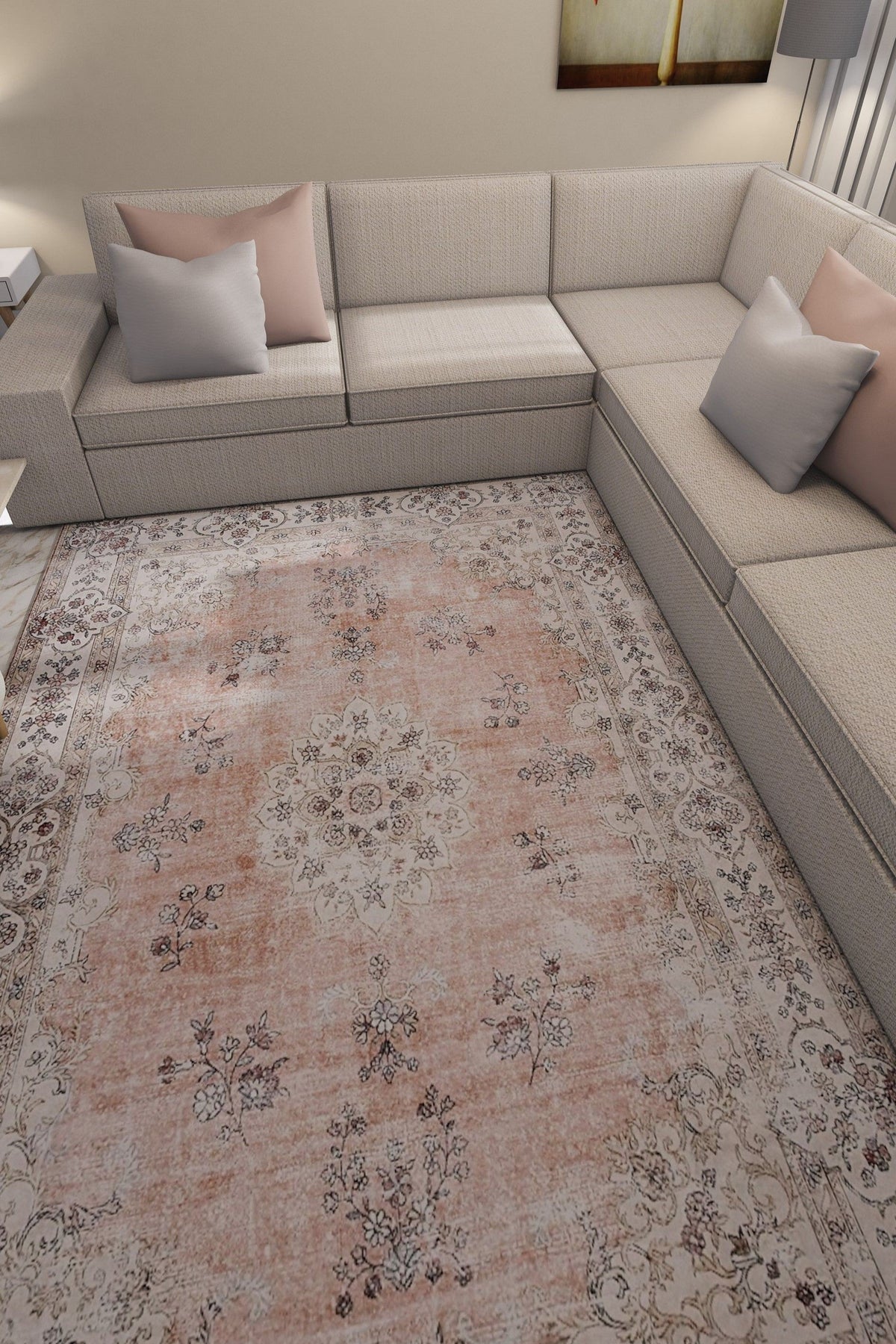 Venice Peach Pink Distressed Transitional Washable Rug