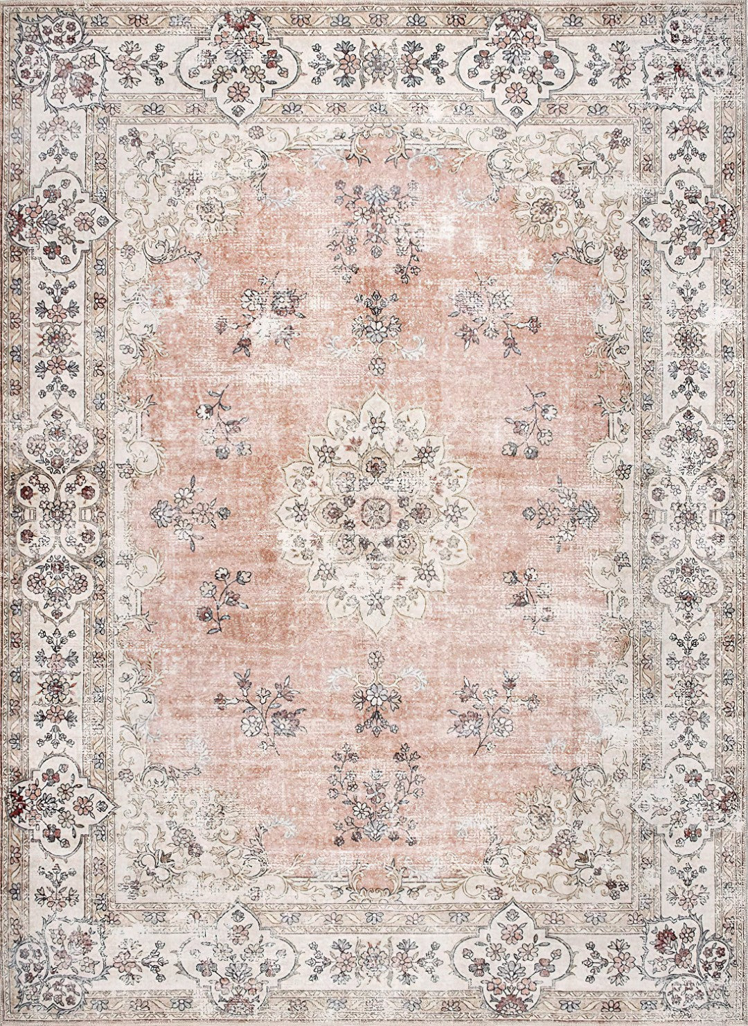 Venice Peach Pink Distressed Transitional Washable Rug