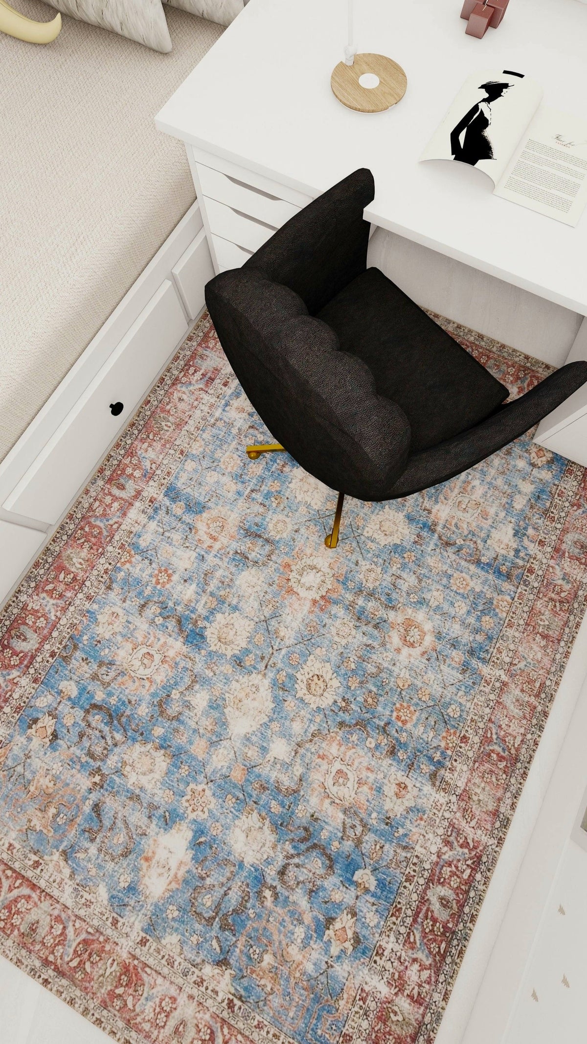 Venice Blue and Red Distressed Traditional Washable Rug