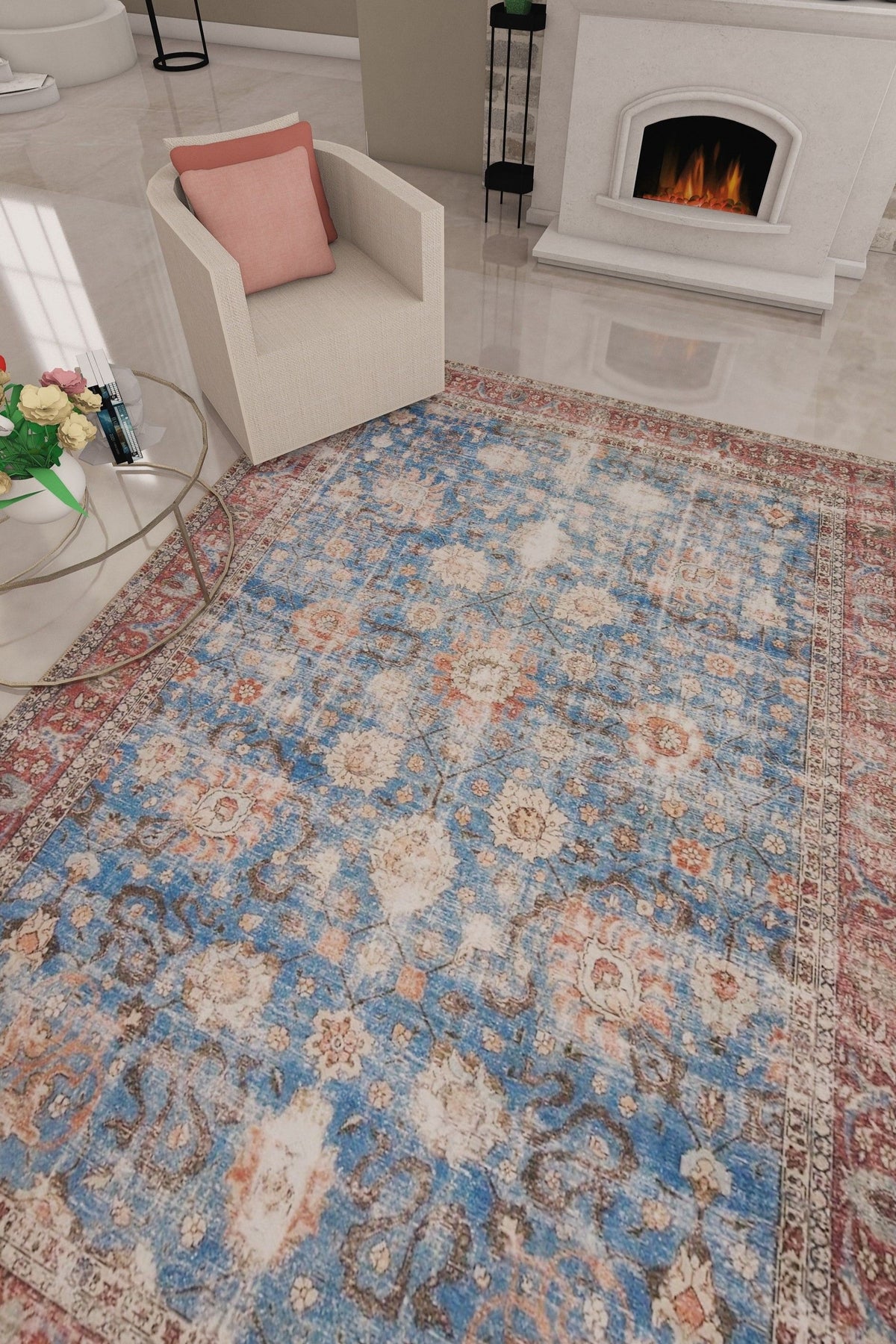 Venice Blue and Red Distressed Traditional Washable Rug