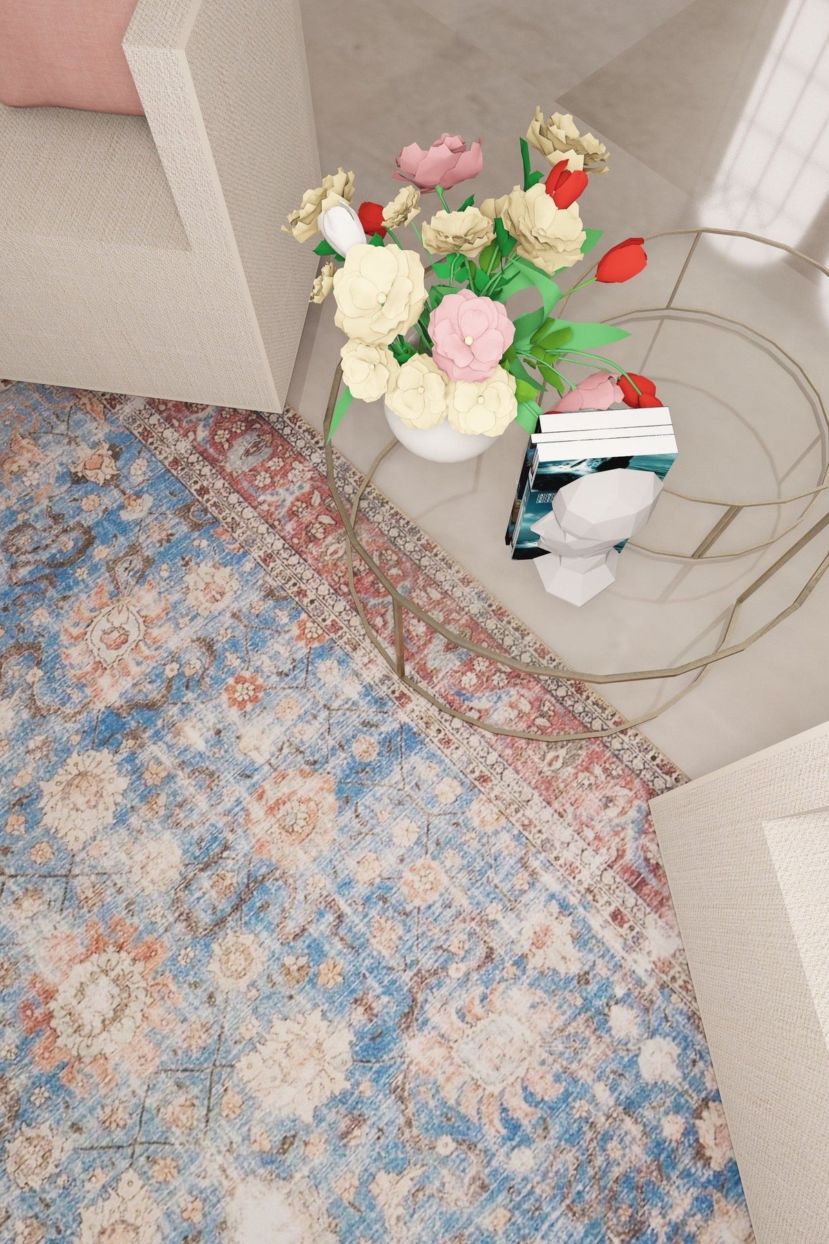 Venice Blue and Red Distressed Traditional Washable Rug