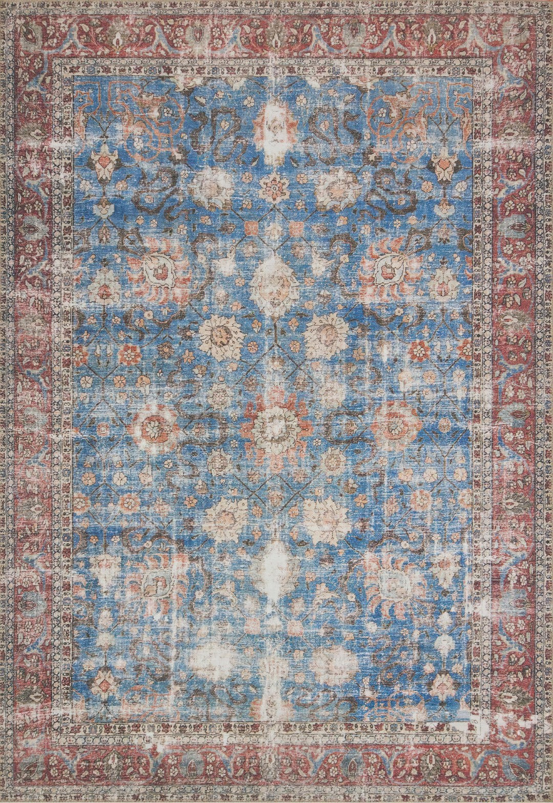 Venice Blue and Red Distressed Traditional Washable Rug