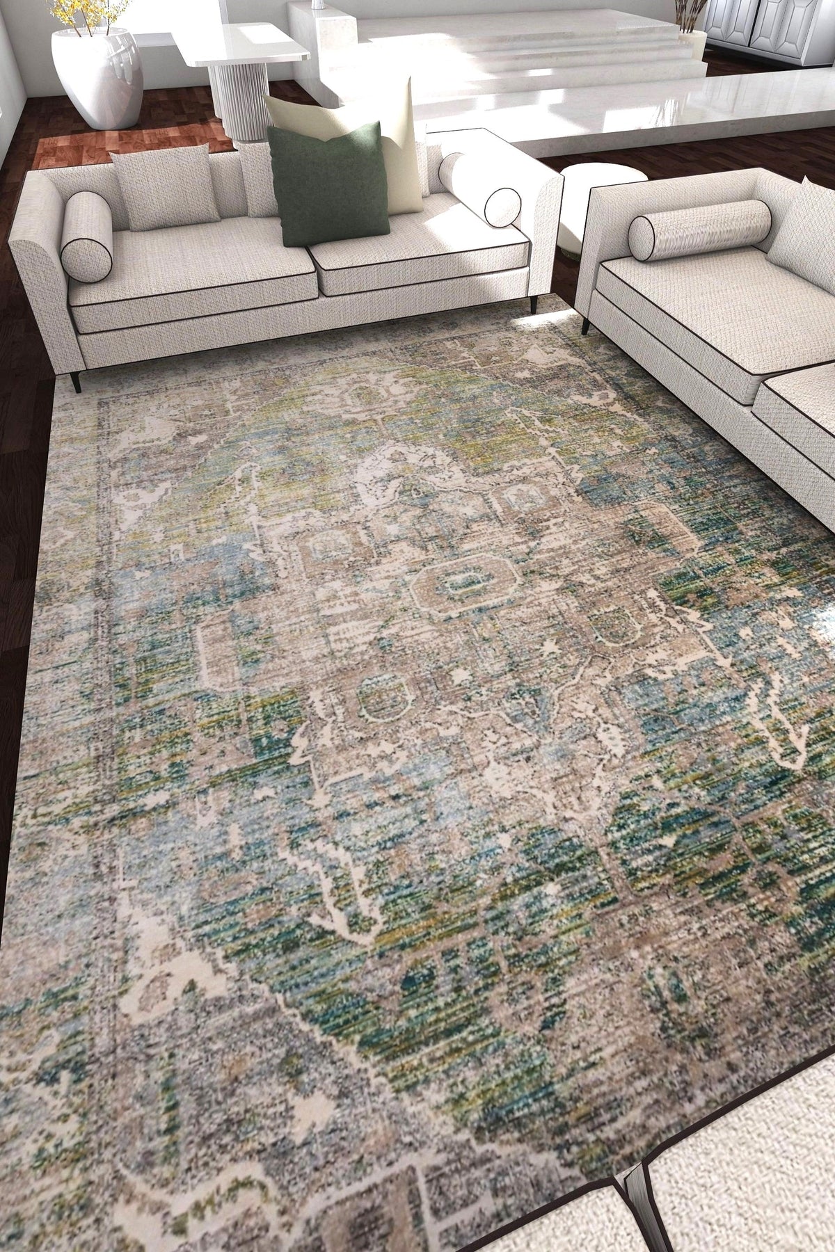 Venice Green and Ivory Distressed Transitional Washable Rug