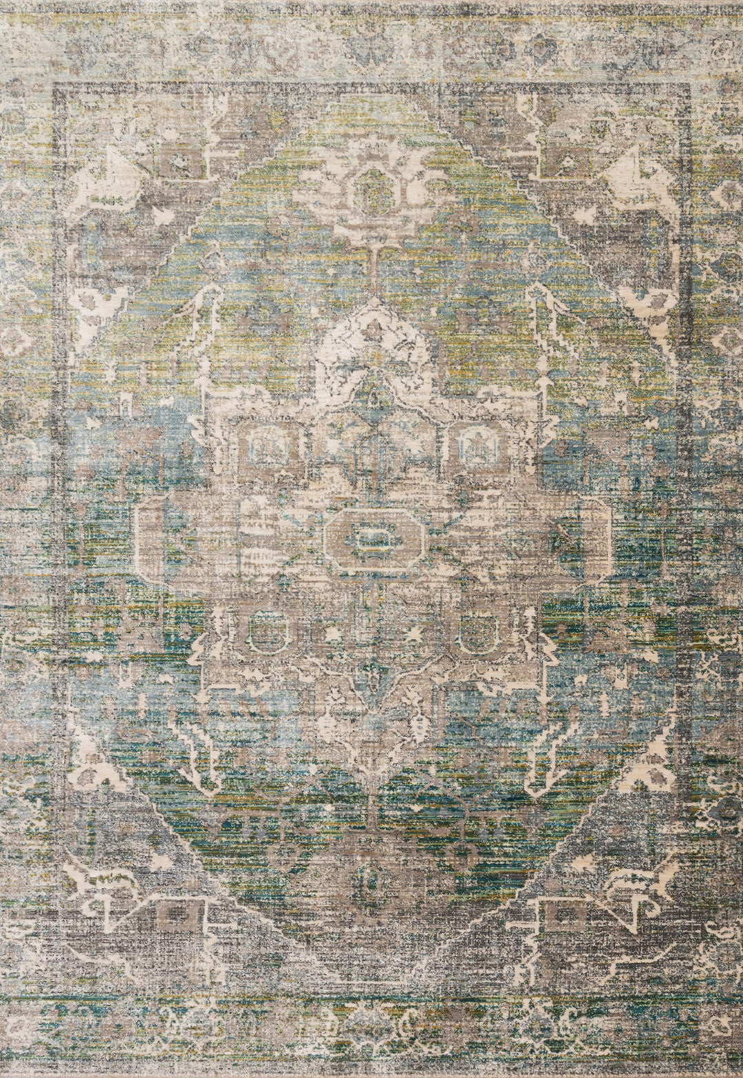 Venice Green and Ivory Distressed Transitional Washable Rug