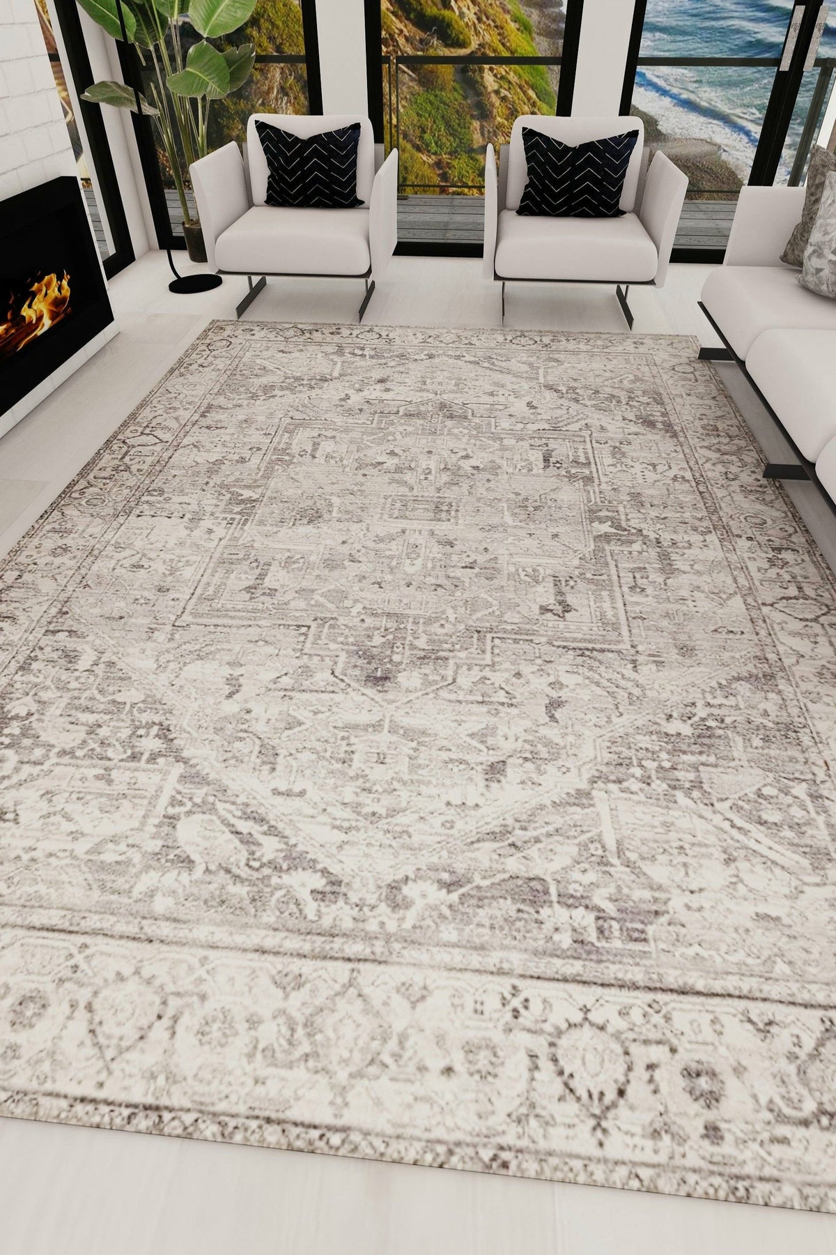 Venice Grey Distressed Transitional Washable Rug