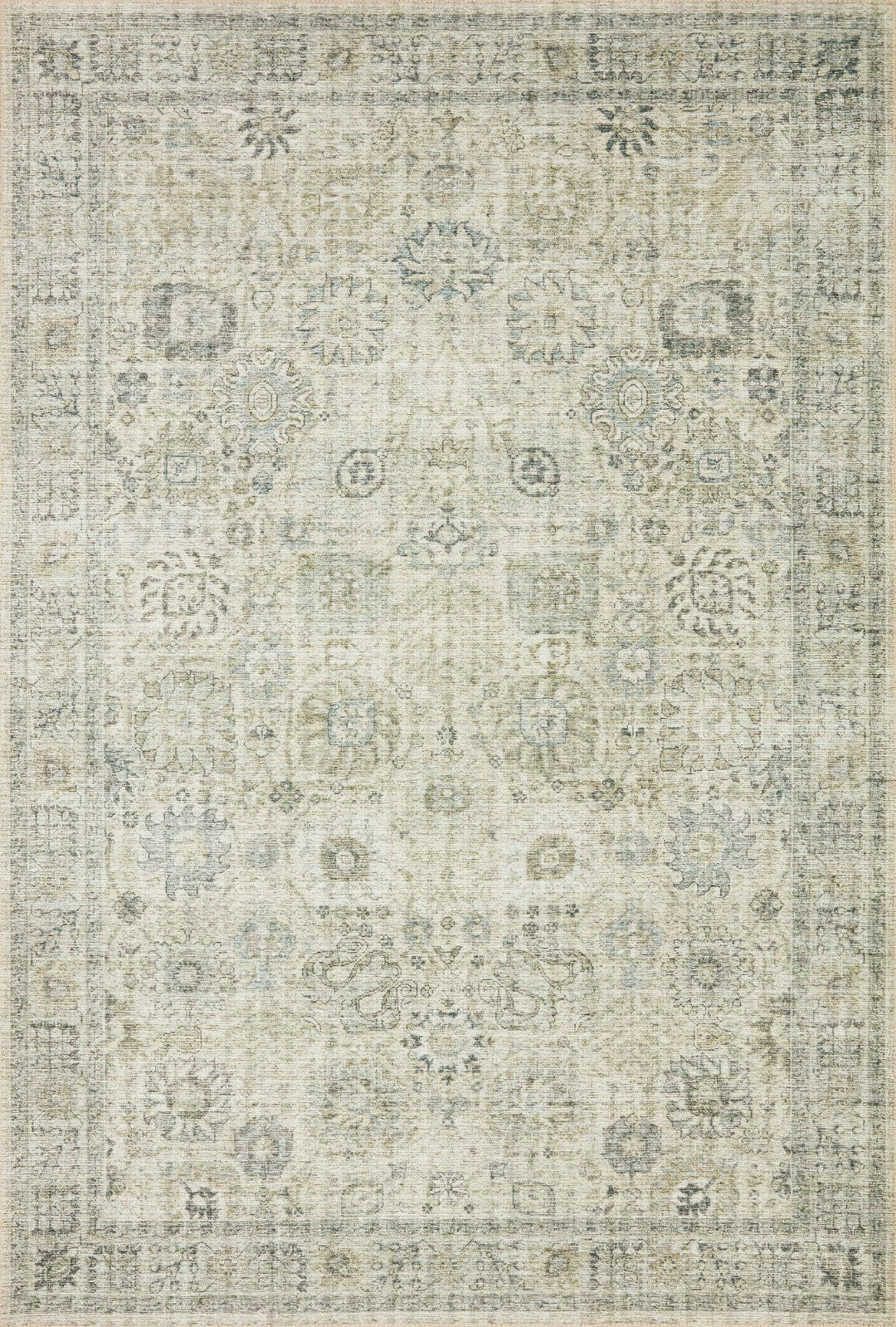 Venice Green Ivory and Cream Distressed Transitional Washable Rug