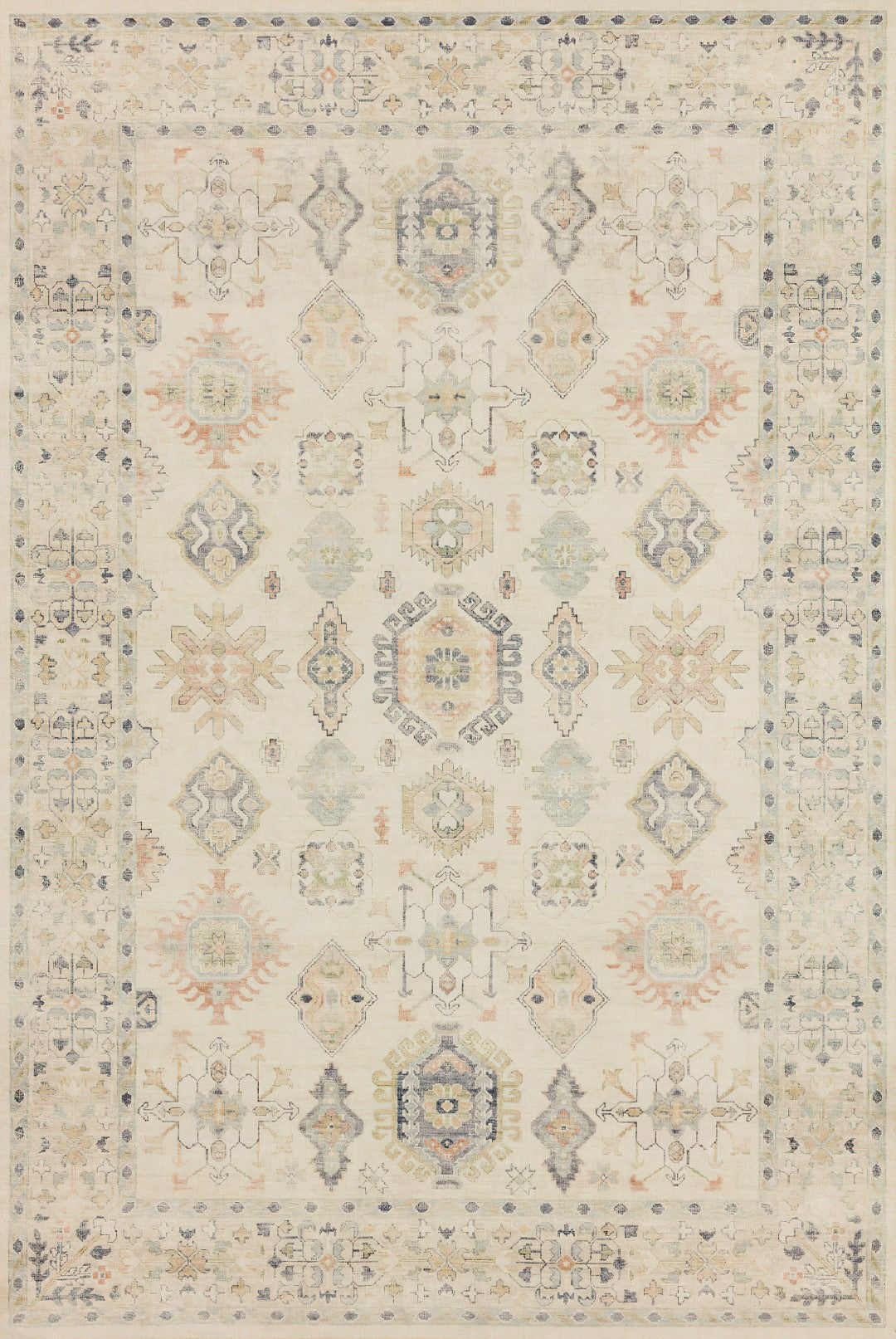 Luxurious Lumina Silky Soft Cream and Multi colour Distressed Washable Rug