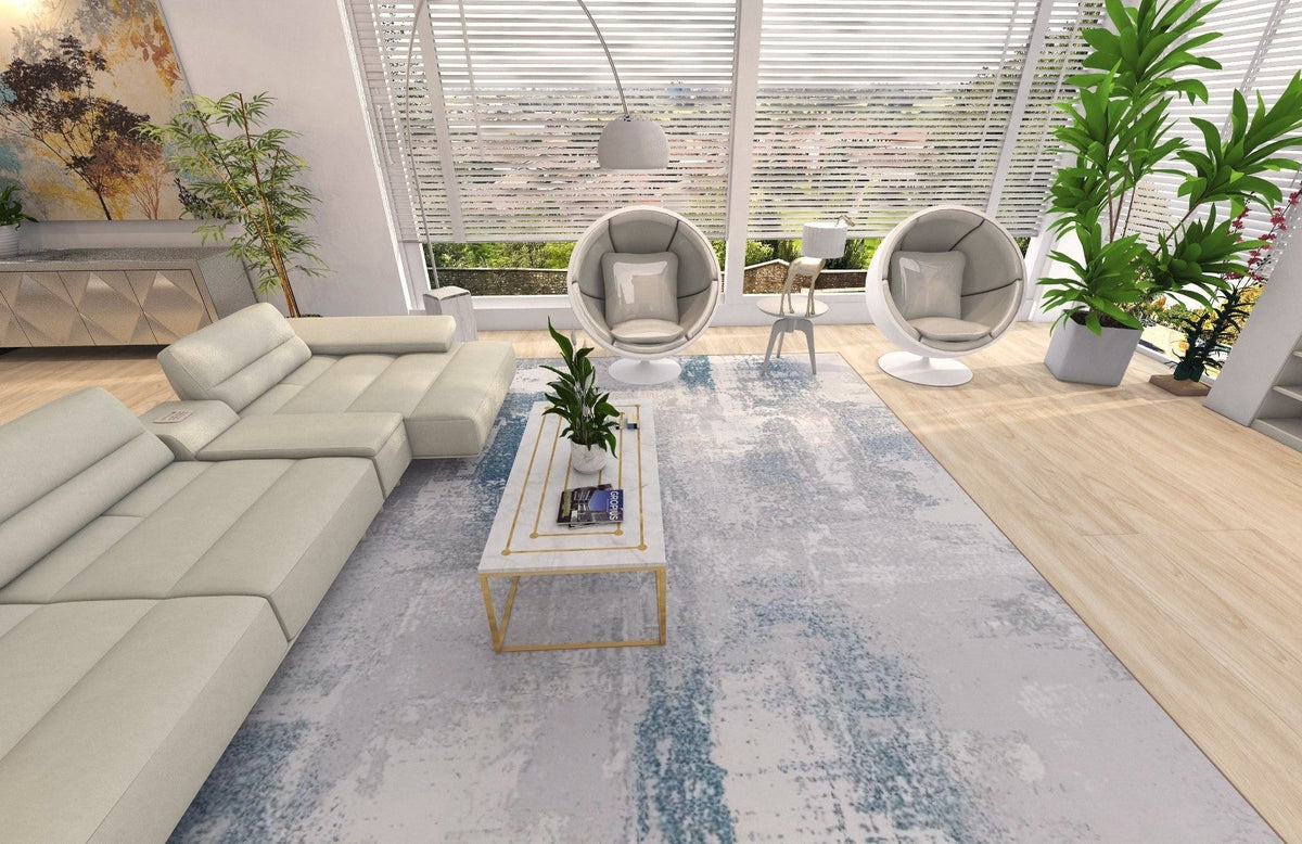 Luxurious Lumina Blue, Grey and White Modern Abstract Washable Rug