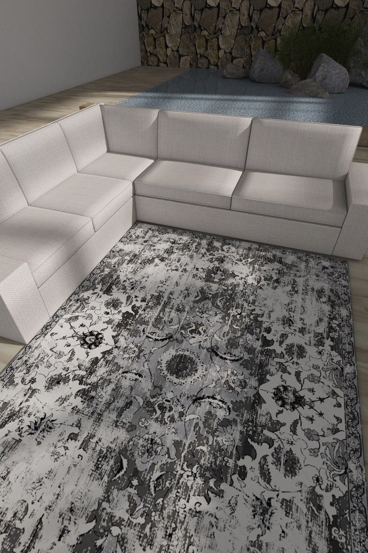 Luxurious Lumina Grey and Cream Soft Modern  Washable Rug