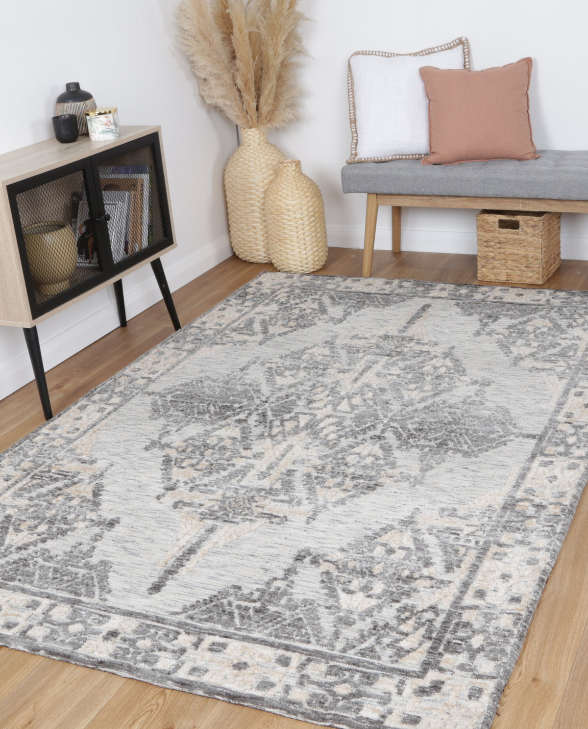 Amritsar Beas Charcoal &amp; Beige Cotton Blend Rug