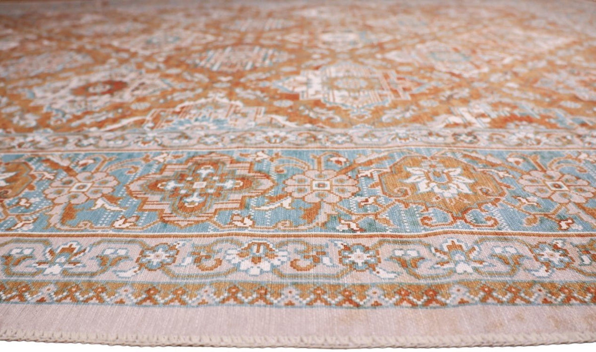 Venice Orange Rust and Jade Blue Distressed Traditional Washable Rug