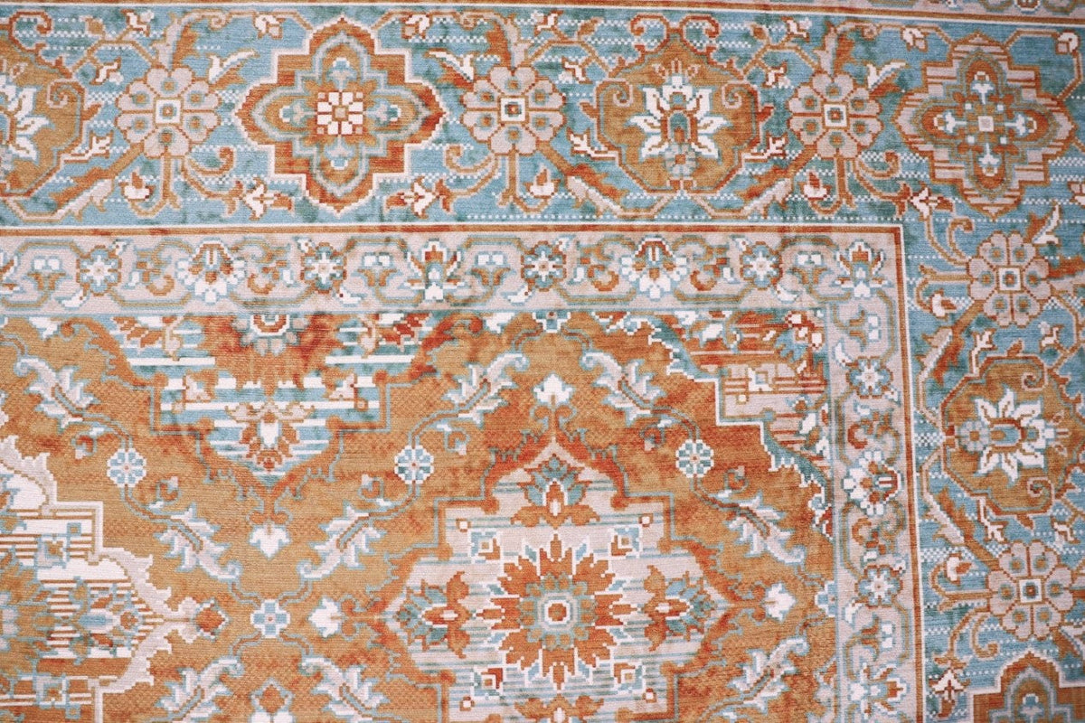 Venice Orange Rust and Jade Blue Distressed Traditional Washable Rug