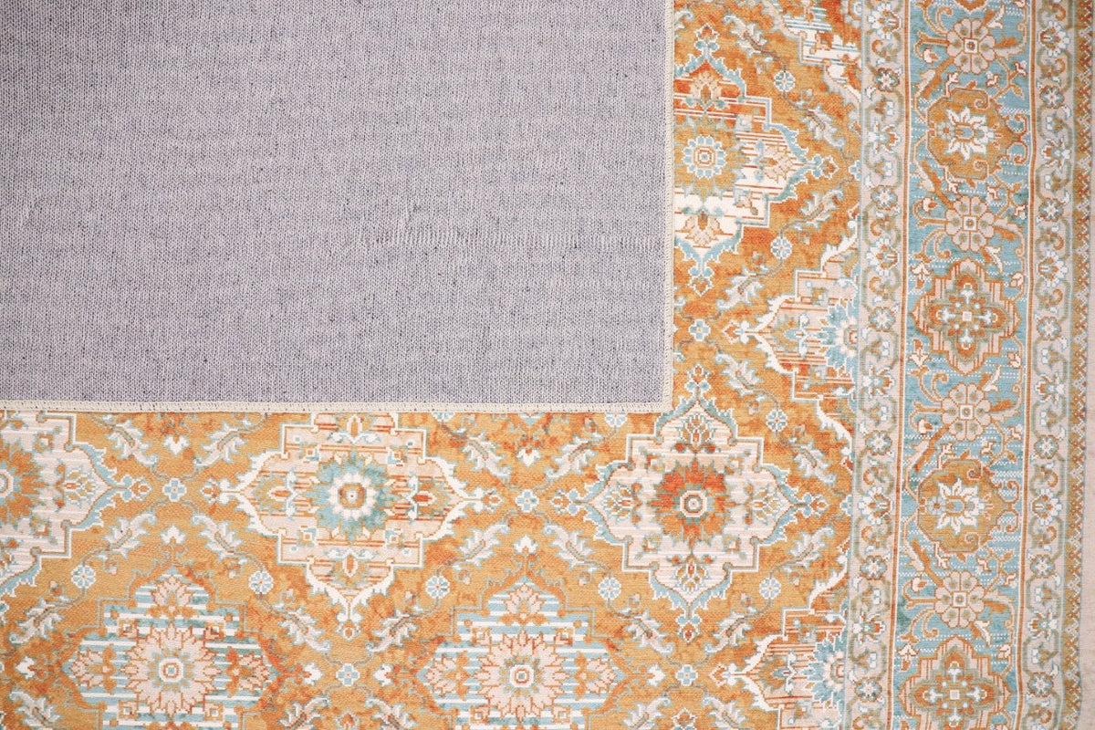 Venice Orange Rust and Jade Blue Distressed Traditional Washable Rug