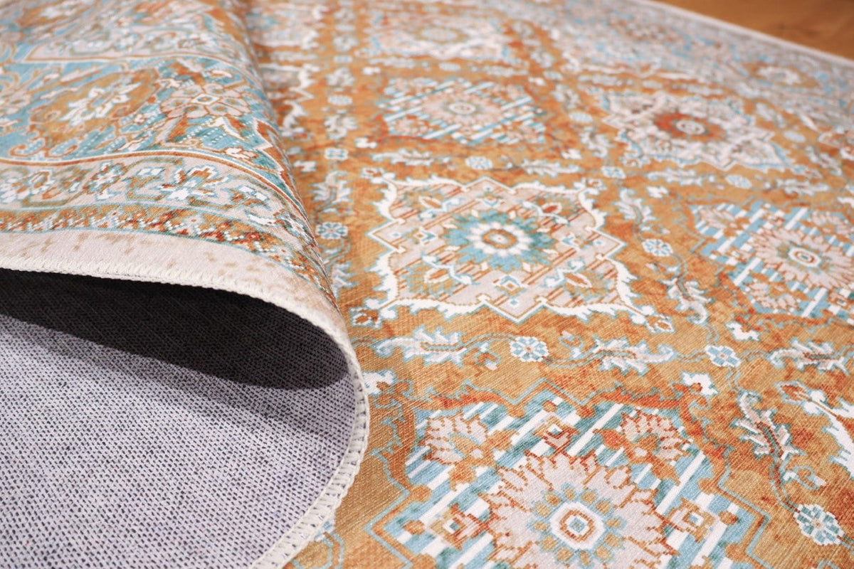 Venice Orange Rust and Jade Blue Distressed Traditional Washable Rug