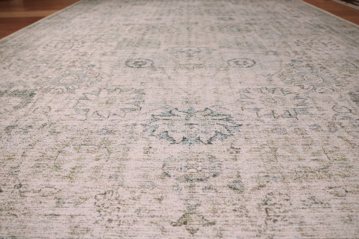 Venice Green Ivory and Cream Distressed Transitional Washable Rug