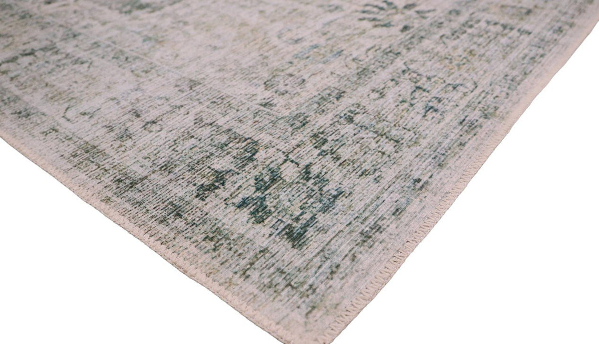 Venice Green Ivory and Cream Distressed Transitional Washable Rug