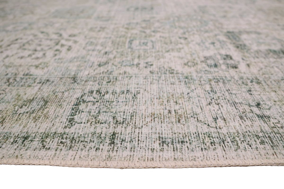 Venice Green Ivory and Cream Distressed Transitional Washable Rug