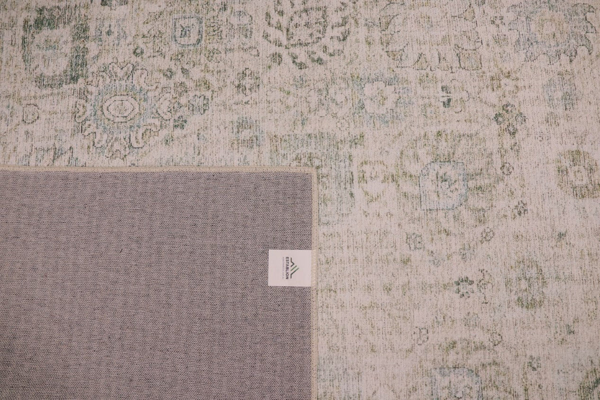 Venice Green Ivory and Cream Distressed Transitional Washable Rug