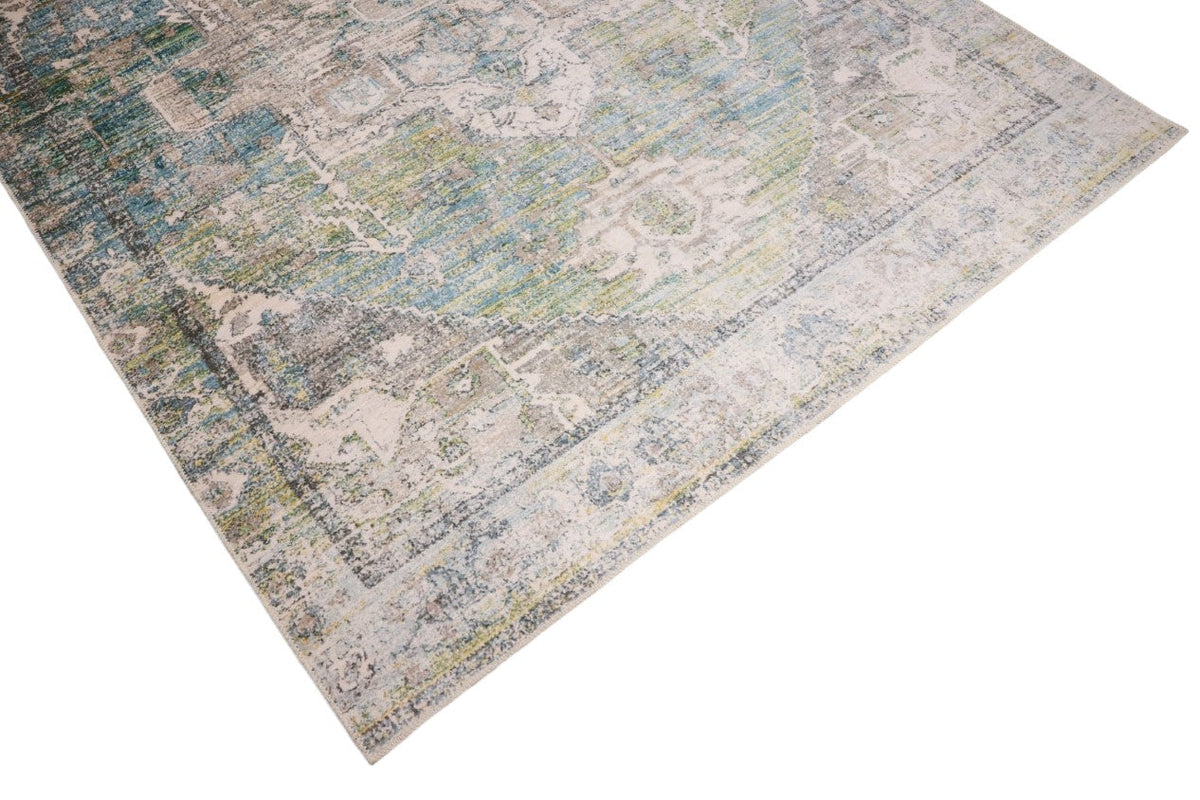 Venice Green and Ivory Distressed Transitional Washable Rug