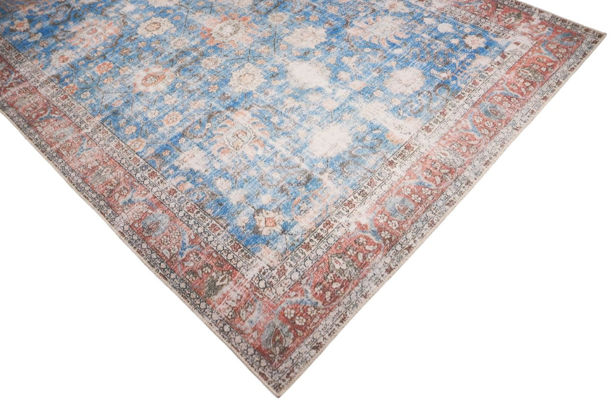 Venice Blue and Red Distressed Traditional Washable Rug