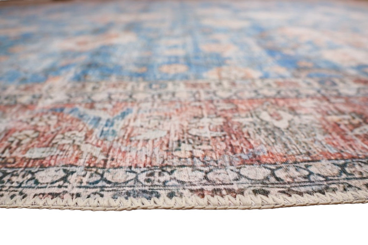 Venice Blue and Red Distressed Traditional Washable Rug