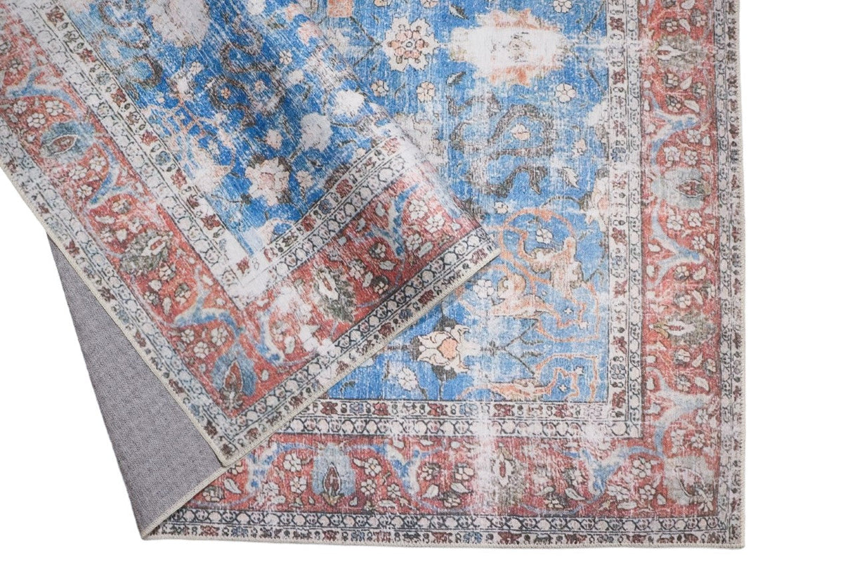 Venice Blue and Red Distressed Traditional Washable Rug