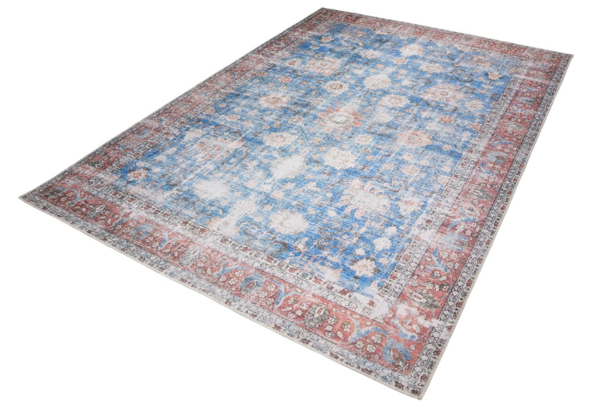 Venice Blue and Red Distressed Traditional Washable Rug