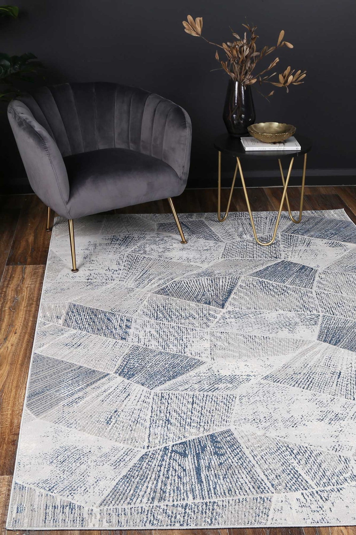 Porto Mason Grey &amp; Blue Geometric Rug